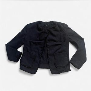 Black Ann Taylor blazer with fringe detail and pockets #fringedetails